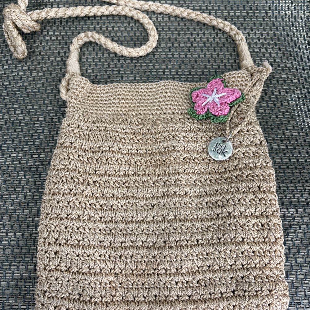 The Sak Beige Crochet Bag with Pink Floral Accent